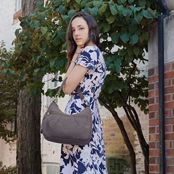 TRAVELON RFID CROSSBODY SHOULDER BAG GRAY TAUPE - Picture 1 of 7
